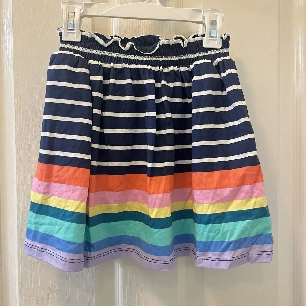Lands' End Navy Blue Rainbow Striped Skort Skirt Ruffle Cotton Girls Medium 8